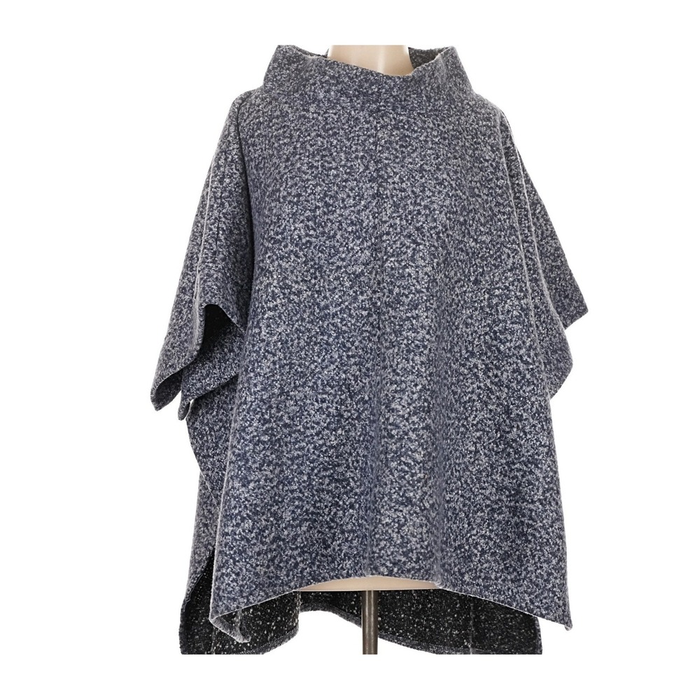 Lagenlook Knit Poncho Women One Size Blue Marled Scandi Editorial Quiet Luxury